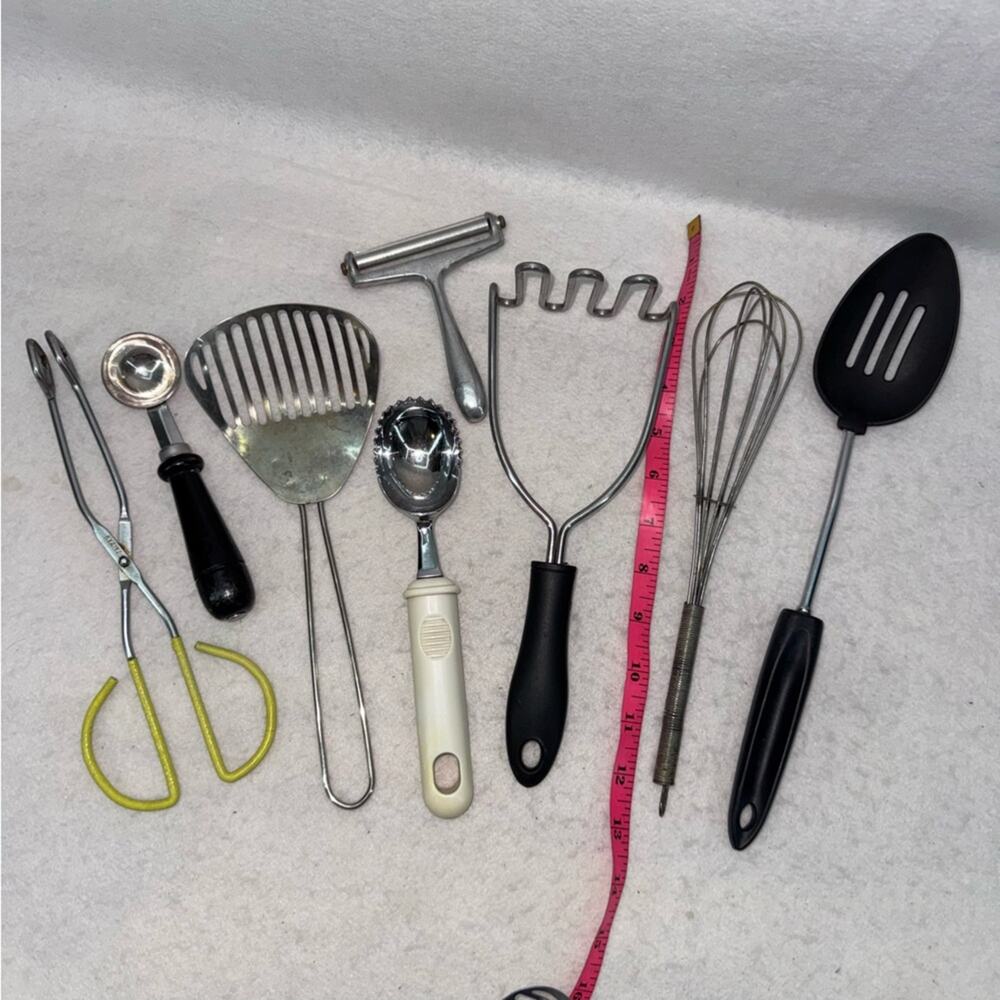 Lot of 8 Vintage Kitchen Items Tongs, Slotted Spoons, Ice Cream Scoop, Whisk etc